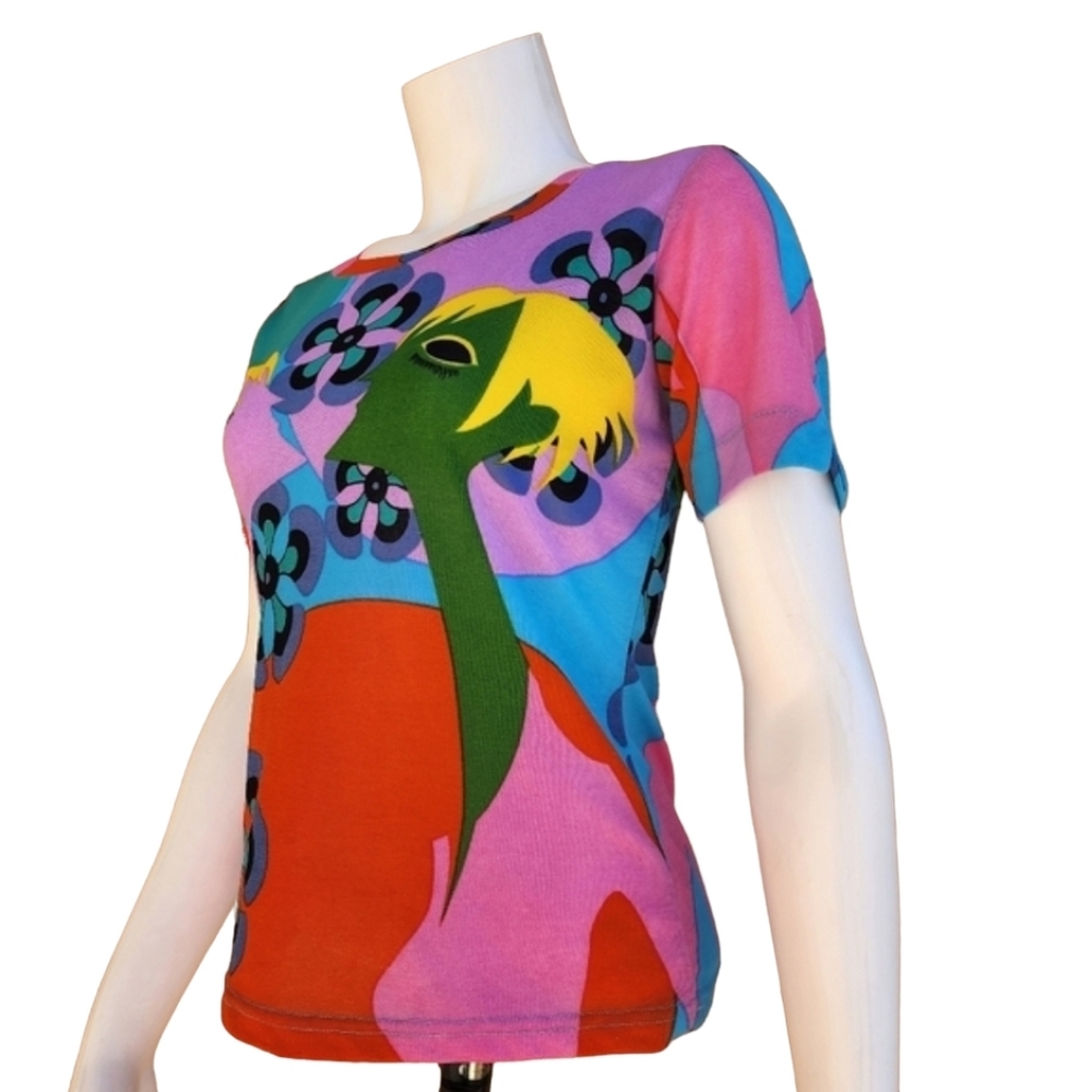 VINTAGE Floral Tee S Italy Paris Punk GoGo Retro Stretch Artsy Graphic - Picture 7 of 14